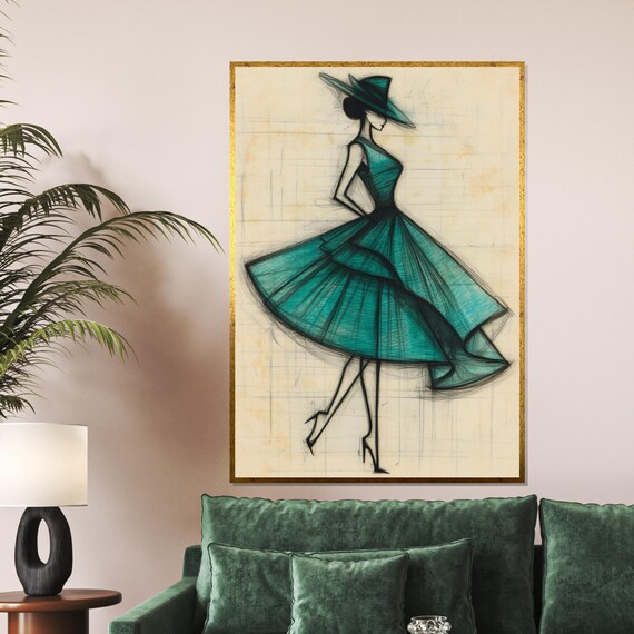 Elegant Fashion Sketch, Vintage Dress Art, Teal Dress Canvas, Chic Wall Art, Fashion Illustration Print, Wall Art Canvas Design, Ready to