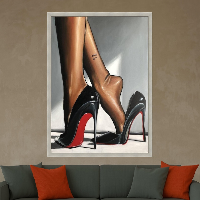 Elegant Black Red Sole Heels with Bare Feet Canvas, Fashion Wall Art, Stylish Footwear Painting, Modern Home Decor, Ready to Ready To Hang, image 4