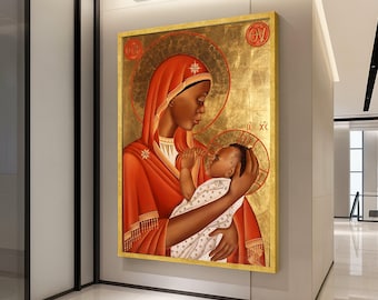Quadro em tela com a Virgem Africana e o Menino, pintura de ícone religioso, tela sagrada da Mãe e do Bebê, decoração espiritual para casa, pronto para pendurar.