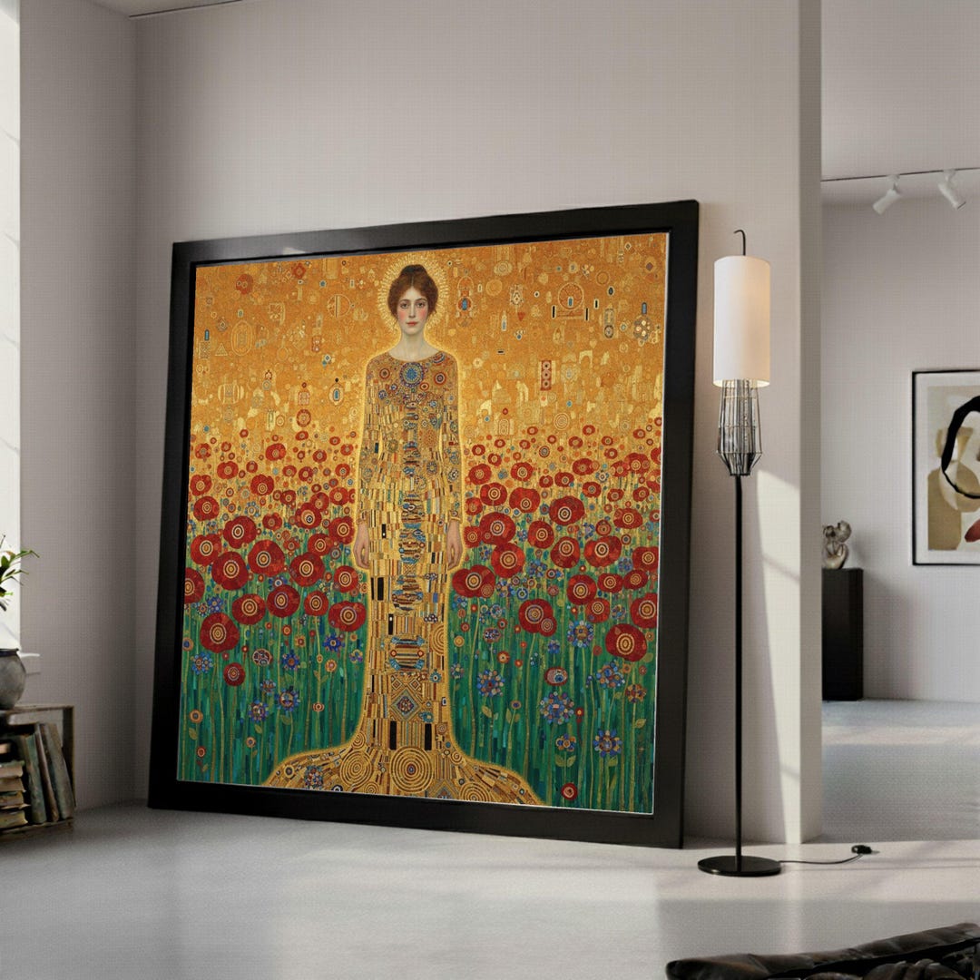 Gustav Klimt Style Golden Woman Canvas, Red Poppies Floral Art ...