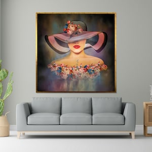 Elegant Lady in Floral Hat Canvas, Modern Art, Framed Wall Art, Fashion Wall Decor, Artistic Portrait, Ready to Hang Decoration