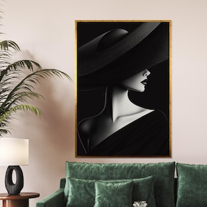 Elegant Lady Canvas Art, Black Hat Wall Art, Fashion Poster, Wall Art Canvas Design, Modern Decor, Ready to Hang Decoration