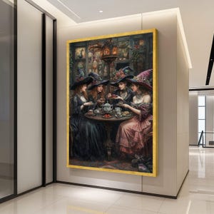 May include: A framed painting depicts a gathering of witches around a table, enjoying tea. The artwork features women in elaborate hats and dresses, set in a dimly lit, ornate interior. The color palette includes deep blacks, purples, and golds, creating a mystical atmosphere.