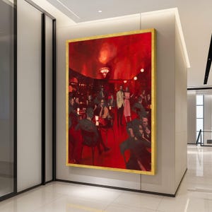 Vintage Nightclub Scene Canvas, Red Ambiance Wall Art, Retro Bar Interior Painting, Elegant Social Gathering Canvas, Dramatic Ready To Hang,