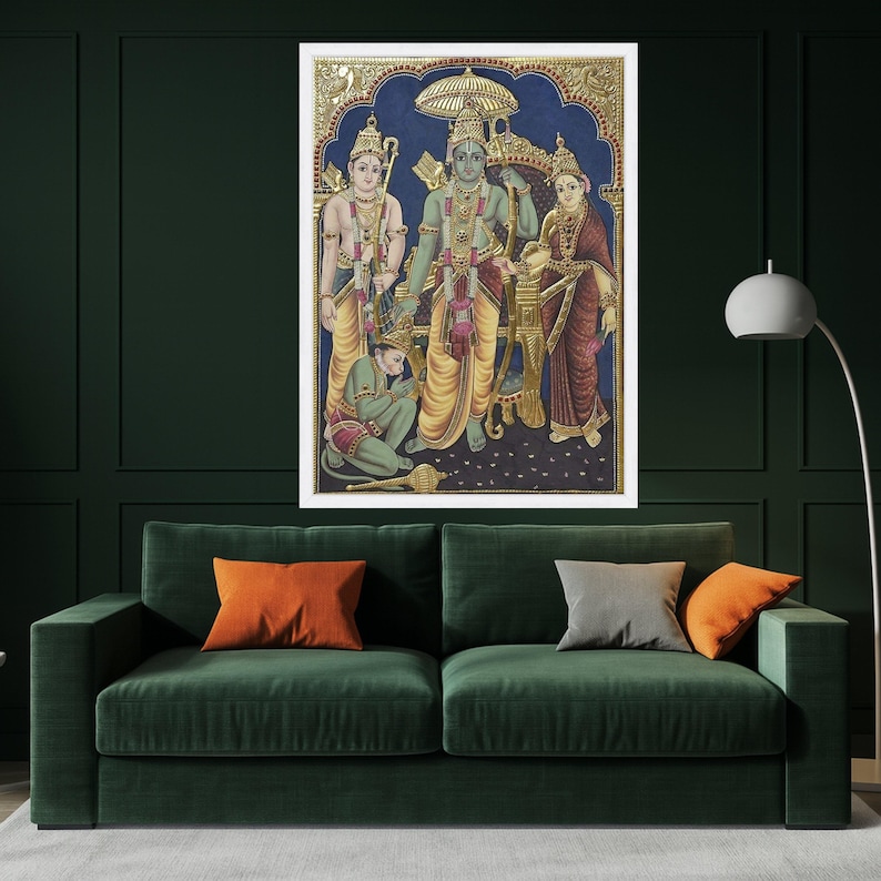 Impressão em tela estilo Tanjore Ram Darbar – Arte de parede hindu, decoração de parede, tela religiosa pronta para pendurar, decoração de parede tradicional indiana imagem 5