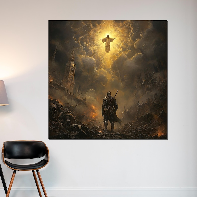 May include: A digital art print depicting a knight standing in a war-torn landscape, gazing upward towards a radiant figure in the sky. The artwork features a dramatic color palette of dark browns, oranges, and yellows, with a focus on light and shadow.