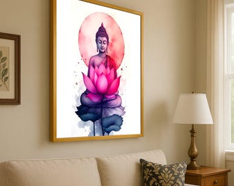 Meditative Buddha with Pink Lotus Canvas, Spiritual Wall Art, Zen Home Decor, Tranquil Buddha Painting, Meditation Room Ready To Hang,