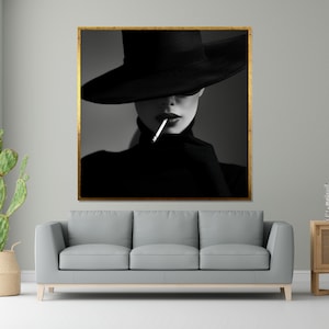 Mysterious Woman Canvas, Noir Wall Art, Black Hat Lady Print, Elegant Femme Poster, Wall Art Canvas Design, Ready To Hang Decoration