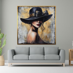 Tela de mulher elegante com chapéu, arte de parede da moda, impressão de mulher misteriosa, design em tela, decoração pronta para pendurar, tela de retrato moderna