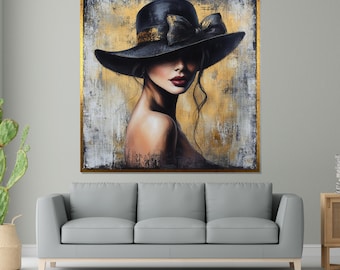 Elegant Woman in Hat Canvas, Fashion Wall Art, Mysterious Lady Print, Canvas Design, Ready to Hang Decor, Modern Portrait Canvas