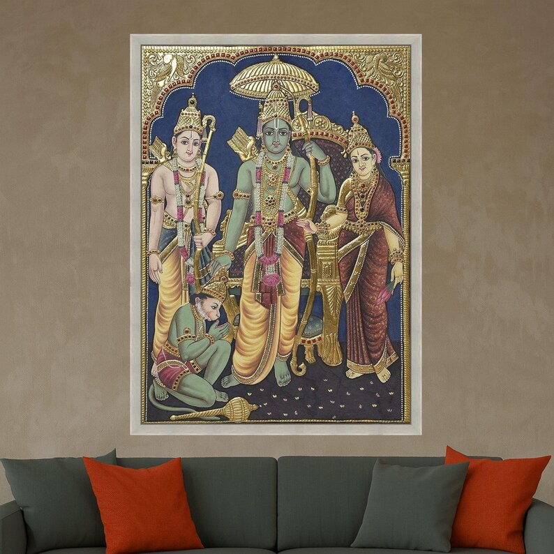 Impressão em tela estilo Tanjore Ram Darbar – Arte de parede hindu, decoração de parede, tela religiosa pronta para pendurar, decoração de parede tradicional indiana imagem 4