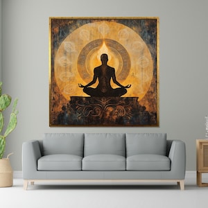 Lienzo de silueta meditativa, arte de pared espiritual, póster de meditación de yoga, impresión artística de serenidad, diseño de lienzo de arte de pared, decoración lista para colgar