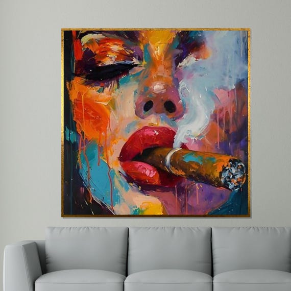 Colorful Woman Smoking Cigar Canvas, Abstract Face Art, Multicolor Portrait, Wall Art Canvas Design, Ready to Hang Decoration