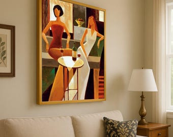 Elegant Evening Scene Canvas, Modern Women Sitting Art, Wine Glasses Wall Decor, Abstract Figures Painting, Chic Home Ready To Hang,