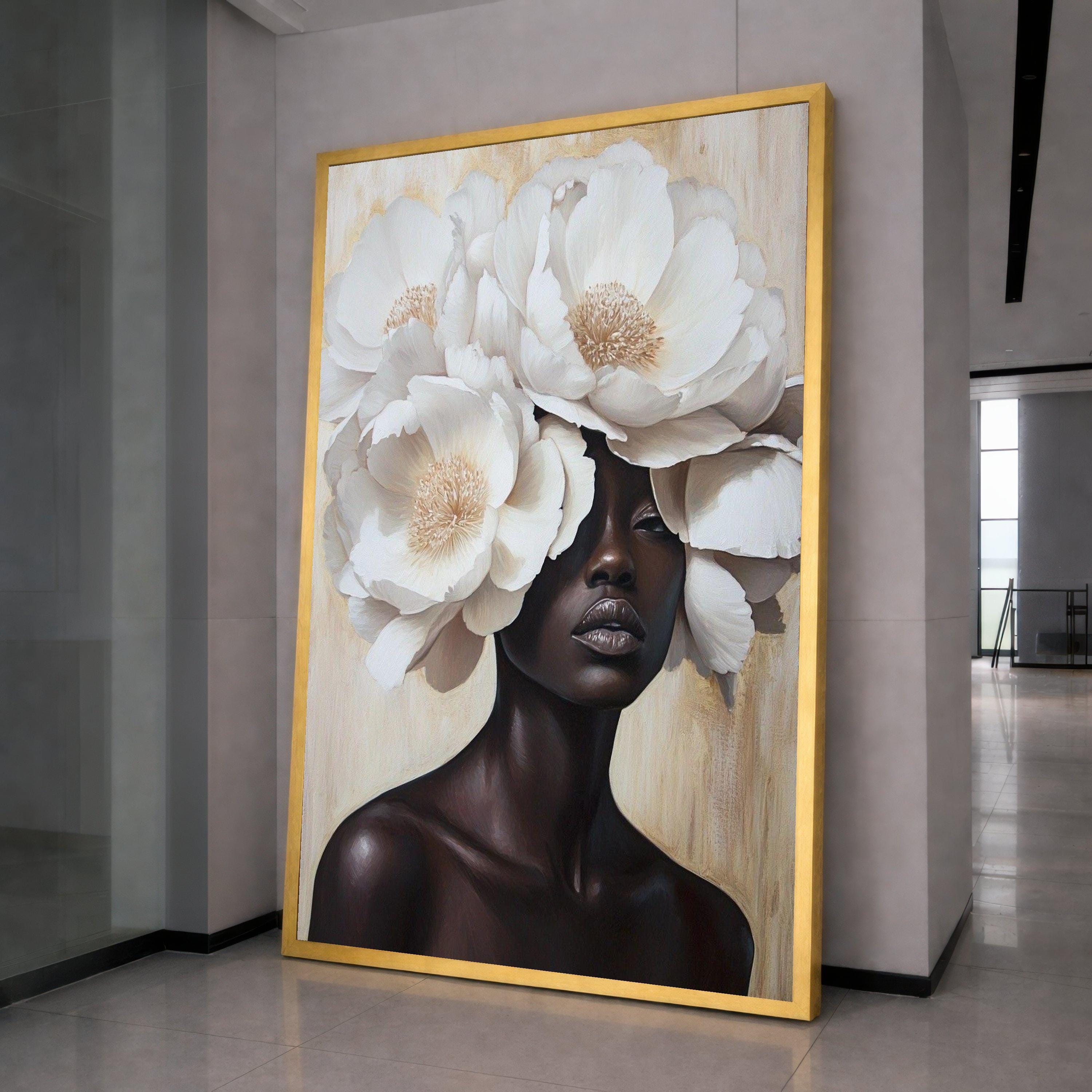Elegant Black Woman Portrait Canvas, White Floral Headpiece Wall Art ...