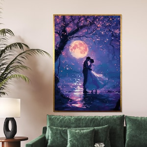 Moonlit Lovers Canvas, Romantic Night Art, Dreamy Couple Wall Print, Starry Night Decor, Wall Art Canvas Design, Ready to Hang