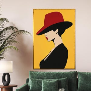 Toile de femme Red Hat, portrait de style minimaliste, oeuvre d'art murale femme au chapeau rouge, toile pop art moderne, décoration prête à accrocher