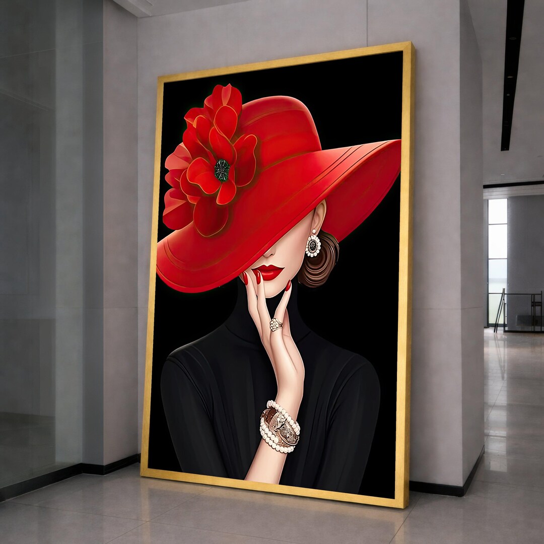 Elegant Woman With Red Hat Canvas Art, Fashion Wall Art, Portrait Print ...