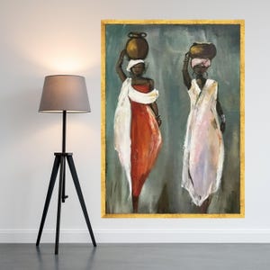 African Women with Pots Canvas Wall Art, Ethnic Figurative Painting, Tribal Culture Artwork, Boho Home Decoration, Ready To Hang,