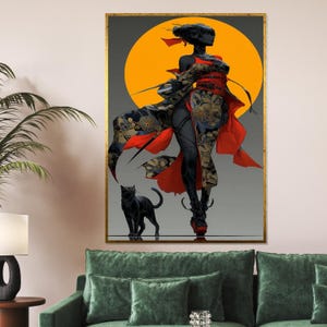 Geisha  Cat Canvas, Samurai Warrior Art, Elegant Kimono Poster, Moonlit Wall Art, Wall Art Canvas Design, Ready to Hang Decoration