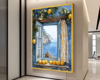 Toile vue fenêtre sur la côte, paysage de la mer Méditerranée, oeuvre d'art murale branche de citron, cadre bleu rustique, toile de décoration d'intérieur estival prête à accrocher,