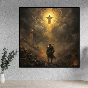 May include: A framed digital art print depicts a dramatic scene of a warrior standing in a war-torn landscape, gazing upward towards a radiant figure in the sky. The artwork features a dark, somber color palette with highlights of gold and orange.
