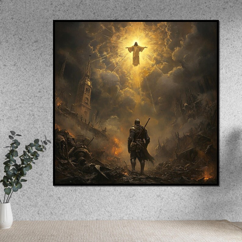 May include: A framed digital art print depicts a dramatic scene of a warrior standing in a war-torn landscape, gazing upward towards a radiant figure in the sky. The artwork features a dark, somber color palette with highlights of gold and orange.