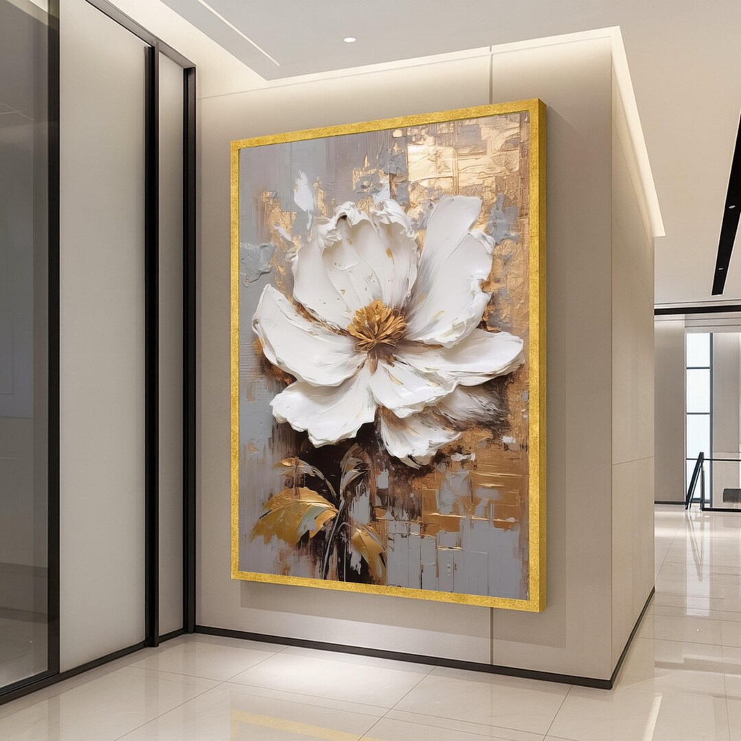 Elegant White Flower Canvas Art, Gold Leaf Abstract Floral Wall Decor ...
