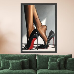 Elegant Black Red Sole Heels with Bare Feet Canvas, Fashion Wall Art, Stylish Footwear Painting, Modern Home Decor, Ready to Ready To Hang, image 3
