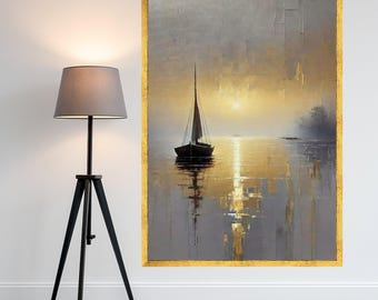 Tranquil Sunrise Sailboat Canvas, Abstract Water Reflection Wall Art, Golden Misty Lake Landscape, Modern Nautical Home Decor Ready To Hang,