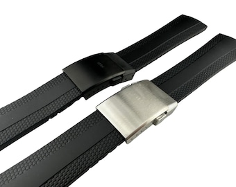 Correa de silicona negra de 22 mm y 24 mm compatible con el reloj BRT con hebilla desplegable plateada (pasadores + herramienta de bricolaje)