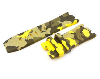 28mm Camouflage Yellow Rubber/Silicone Strap Band Bracelet Compatible to the AP watch Deployment Buckle/Clasp Silver