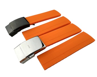 22mm 24mm Orange Rubber Silicone Strap Band Compatible for the BRT watch Deployment Buckle/Clasp Silver (Pins + DIY Tool)