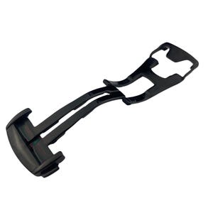 May include: A black watch clasp, a component of a watch band, is displayed against a white background. The clasp is made of a dark, possibly metal, material and features a hinged design for secure fastening. The design is sleek and modern.
