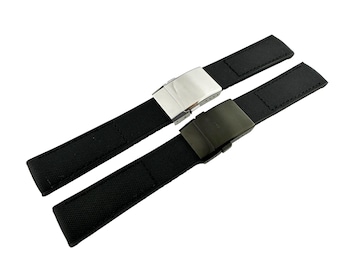 Correa de lona y caucho negra de 22 mm y 24 mm compatible con el reloj BRT con hebilla desplegable y cierre plateado (pasadores + herramienta para bricolaje)