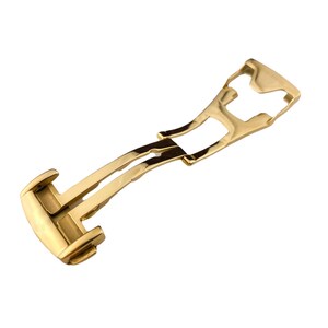 May include: A gold-colored watch clasp, designed with a curved, elongated shape. The clasp features a dual-hinge mechanism and a polished finish, reflecting light. The design suggests a luxury watch component.
