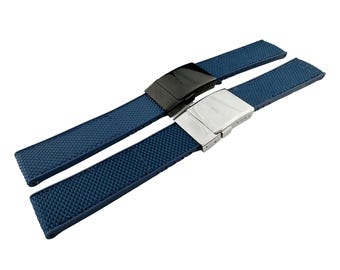 22mm 24mm Navy Dark Blue Rubber/Canvas Strap Band Compatible for the BRT watch Deployment Buckle/Clasp Silver (Pins + DIY Tool)