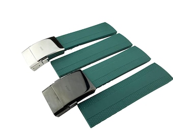 22mm 24mm Green Rubber Silicone Strap Band Compatible for the BRT watch Deployment Buckle/Clasp Silver (Pins + DIY Tool)
