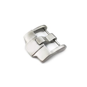 May include: A silver metal watch band buckle with a smooth, polished finish.