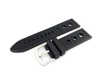 24mm Black Rubber Silicone Strap Band Compatible for the BRT watch Pin Buckle/Clasp Silver (Pins + DIY Tool)