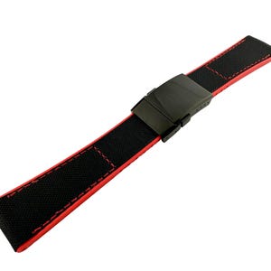 May include: A black watch strap with red stitching and a black buckle.