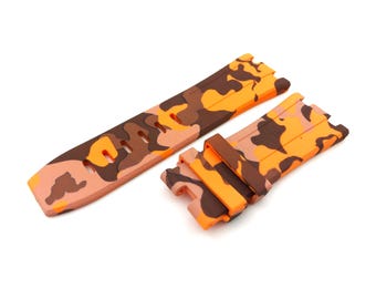 28mm Camouflage Orange Rubber/Silicone Strap Band Bracelet Compatible to the AP watch Deployment Buckle/Clasp Silver