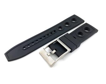 22mm Black Rubber Silicone Strap Band Compatible for the BRT watch Pin Buckle/Clasp Silver (Pins + DIY Tool)