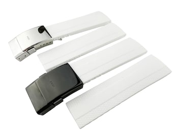 22mm 24mm White Rubber Silicone Strap Band Compatible for the BRT watch Deployment Buckle/Clasp Silver (Pins + DIY Tool)