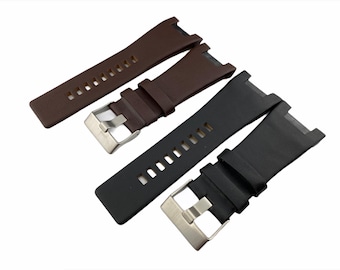 32x17mm Black/Brown Genuine Leather Flat Strap Band Bracelet Compatible to the DZ watch Pin Buckle/Clasp Silver