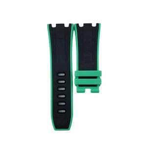 May include: Black and green watch strap with a buckle. The strap has a textured surface and multiple holes for adjusting the fit.