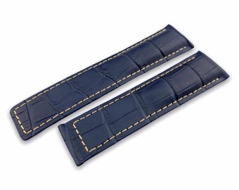 20 22mm Navy/White Genuine Leather Strap Band Compatible for the T-H Carrera watch Deployment Buckle/Clasp Silver/Black + Pins/Tool