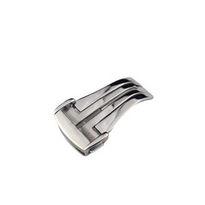 May include: A silver-colored watch clasp with a curved design. The clasp has a rectangular shape with a series of parallel bars and a hinged section. The metal has a polished, reflective surface.