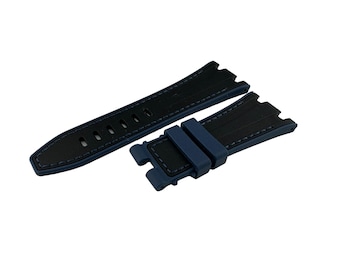 28mm Black-Blue Rubber/Silicone Strap Band Bracelet Compatible to the AP watch Deployment Buckle/Clasp Silver