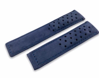 20 22mm Navy Suede Genuine Leather Strap Band Compatible for the T-H Carrera watch Deployment Buckle/Clasp Silver/Black + Pins/Tool